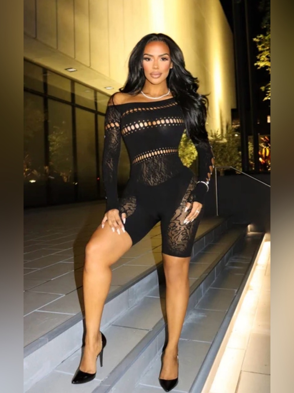 Fashion Nova Black Lace Off-Shoulder Romper
